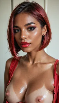 High definition, Colombian woman, 55 old, big black eyes, fit body, golden skin, tanned skin, brown skin, lubed body, oily body, shiny skin, bristly skin, bob cut hair red hair, red lips, big lips, full lips, lip piercing, (strong black makeup:1), red shirt details, shirt torn above the boobs, small nipples, pink nipples, small areola, pink areola, fake boobs, detailed eyes, sharp facial features, cinematic lighting, everything in focus, ultra realistic, photorealistic, 8k, DSLR photo, high detail, studio quality, soft shadows, perfect anatomy, high definition, natural skin texture, visible pores, crisp details, sliced, bob, black, sclera, eyes, <lora:add-detail-xl:.8>, <lora:portrait:.8>, <lora:White_Slime_Remastered_-_Anime:.8>, <lora:xl_sliced_bob-1.0:.8>, <lora:NicolaSamori:.8>