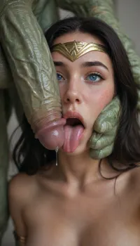 score_9, score_8_up, score_7_up, realistic, photorealistic, raw photo, highly detailed skin, masterpiece, best quality, close-up shot, extreme close-up, 1girl, (wonder woman:1.2), diana prince, beautiful face detailed, black hair disheveled, blue eyes with heart-shaped pupils, heavy blush, sweat, drool, tongue out long reaching for cock, ahegao, lustful worship, submissive expression, cock on cheek, giant monster cock rubbing on cheek, penis pressed against face, cheek bulge from penis pressure, skin contact, glossy precum smear on cheek, precum trail, enormous monster cock dominating frame, huge veiny penis, thick shaft, massive girth, ridged alien texture, glistening with cum and juices, precum dripping, size difference extreme, towering over face, 1boy partial view, monstrous alien creature, green skin, tentacles visible, rope bondage visible, hands tied behind back, nude body partial, large breasts partial, cum on face, cum on cheek, cum in hair, cum dripping from pussy visible lower frame, excessive creampie aftermath, gaped pussy partial view, red spank marks on thighs partial, handprint bruises, defeated heroine, broken into cock slave, desperate to lick, dark sci-fi lair background blurred, dramatic rim lighting, depth of field shallow, focus on cock and face contact, ultra detailed skin texture, wet gloss, 8k, (giant monster cock rubbing on cheek:1.4), (penis pressed against face:1.4), (cheek bulge:1.3), (precum smear on cheek:1.3), (tongue out reaching for cock:1.3), (heart-shaped pupils:1.2), (lustful worship:1.3)