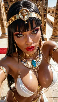 (Demonic lustful), (bimbo Pharaoh), Bangs bob, shiny skin, red lipstick, Shining, elegant, waist chain, Egyptian clothes, (dynamic pose), tight breasts, Egypt ritual, soft, Egypt throne Palace, from above, (Close-up)