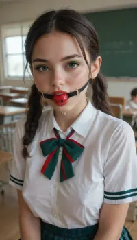 Schoolgirl with ball gag and cum on face