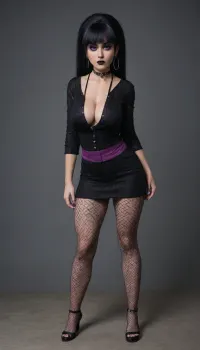4K, UHD, masterpiece, best quality, (goth Pacifica Northwest from Gravity Falls:2), solo, Pacifica has Long black hair with bell-shaped bangs and dark blue eyes., sexy fishnet goth outfit., (heavy purple eyeshadow:1.3), and lavender hoop earrings., (adult Hourglass figure), busty, cleavage, (massive tits:1.6), huge hips, extreme seductive look, (sexy confident pose:1.5), (zoom in, close-up), full body view