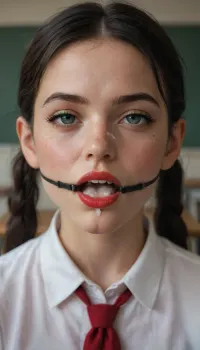 18 year old petite girl from school with straight long black hair, pigtails, wearing school uniform, in the classroom, green eyeliner, cum all over face, freckles, red lipstick, young face, big red plastic shiny massiv ball gag