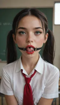 18 year old petite girl from school with straight long black hair, pigtails, wearing school uniform, in the classroom, green eyeliner, cum all over face, freckles, red lipstick, young face, big red plastic shiny ball gag