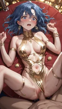 best quality, anime, 20 year old girl with long blue hair, medium breasts, gold stripper clothes, (missionary sex), strip club, afraid, tears