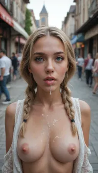 Beautiful blonde with braids giving a blowjob in a public place, with cum dripping on her chest