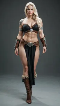 photo, beautiful model of an Icelandic girl, viking warrior costume, complex, unique, expensive, short platinum blonde, blue eyes, full body pose, tattoos on arms, legs and stomach, clean face