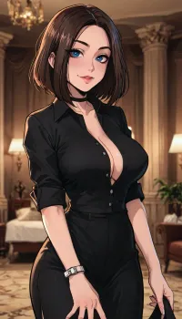 ((Melkor mancin meet markgavatino style)), reiq style, masterpiece, ((1woman, 8k resolution, ultra-detailed)), (samsung sam:1), is standing in her bedroom in a sexy black dress, smiling, seductive, samsung sam, highly detailed, thick eyeliner, choker, waist, wide hips, massive breasts, ratatatat74, SamDoesArts, <lora:LCMTurboMix_Euler_A_fix:1.1>, <lora:ratatatat74-000050:1.8>, <lora:mk_Bp Anime_xl:1.2>, <lora:焦茶_XL:2>, <lora:SDXLSamDoesArts:1.6>