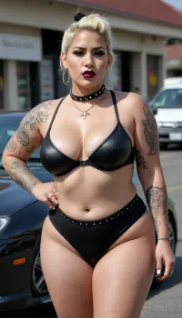 Latina ssbbw bbw hooker prostitute bleach blonde high ponytail hair black vinyl lingerie spiked high heels hoop earrings pierced nose and lips gold Oakland outside streets daytime fruitvale soliciting cars the blade tattooed black lipstick thin eyebrows studded choker face tattoo of crown