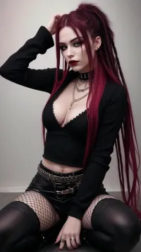 The image shows a young woman sitting in a striking, edgy pose with a grunge aesthetic against a red-tinted background. Her hair is styled into long, vibrant red dreadlocks with dark roots, cascading down past her shoulders, adding a bold and rebellious element to her look. Her makeup complements the edgy theme, featuring dark eyeliner, bold lashes, and a pale complexion with subtle contouring.

Her outfit consists of a sheer black long-sleeved top that exposes a black bra underneath. She wears black fishnet tights, which add texture and edginess to the ensemble, along with thigh-high leg warmers in a ribbed, dark material. Her shoes, though partially out of frame, are platform-style boots, adding to the punk and alternative aesthetic.

Her accessories include a spiked choker around her neck, layered necklaces, and spiked wrist cuffs, all contributing to the gothic and industrial style. Her nails are painted red, matching the overall dark theme of her outfit.

Her pose is relaxed yet assertive, as she sits on the floor with her legs spread wide apart, leaning slightly forward with her hands resting between her legs on the ground. Her fingers are adorned with multiple rings, adding more detail to her look. Her gaze is directed slightly off-camera, giving an air of nonchalance and confidence. The red lighting enhances the moody, alternative vibe of the scene.