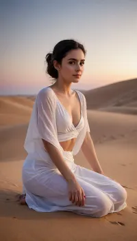A mature woman sits on top of a sand dune at sunset.
Key Elements, A woman aged 20-25, calm and smiling.
A dune in the middle of the desert.
Description of the Girl, Arab-looking woman with thick eyebrows, bright makeup, dark, smooth skin, long, beautiful legs, large, natural breasts with erect nipples, a very thin waist, an athletic body, a curvaceous buttocks, and long, black hair.
Image Details, The woman is barefoot, wrapped in a thin, white, translucent fabric, the fabric fluttering in the wind.
Her hair flutters freely in the wind.
Her beautiful face is turned toward the horizon.
Realism with elements of 19th-century Romanticism.
Additional Requirements, The light is soft and diffused, creating a feeling of warmth and peace. The image conveys a sense of peace and connection with nature., <lora:cfg_scale_boost:1.1>