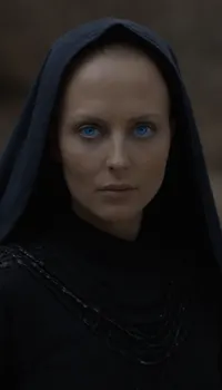 Realistic full-length photo, ((((masterpiece, 4K best quality, ((1 girl, 35 years old, ((), electric dark blue eyes, blue cornea)), shaved head, (((mysterious bene gesserit))), wearing black dress on chainmail, transparent veil)), looking at the viewer))), masterpiece, high quality, intricate details, wisdom, charism, very aesthetic style, 7-dune, Ornithopter, sand, worm, sepia, greyscale, <lora:Dune SDXL v2.1:1.6>