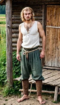 documentary style, authentic historical reconstruction, full-body portrait of an ordinary Slavic man, (27 years old), in medieval Rus. blonde hair. Average, soft physique with no muscle definition, naturally very hairy chest and stomach. He wears a simple linen undershirt, (rubakha), untied and open over his hairy body, and plain medieval trousers, (portki), tied with a rope. The pants are slightly lowered, revealing a hairy pubic area. He stands in a village setting near a wooden shed. Earth tones, natural daylight, unposed, skin with imperfections, dirty hands and feet in simple footwear, <lora:sweaty_shirt_v5-28-B1-Rescale:.8>, handslora, <lora:Hands:.8>, <lora:Puppy_Face:.8>