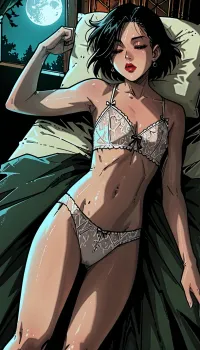 young woman a model appearance, black short cut hair, ((Insanely hot)), small perky tits, flat chest, skinny, very long legs, no makeup, red lips, ((Melkor mancin meet markgavatino style)), reiq style, ratatatat74, SamDoesArts, <lora:LCMTurboMix_Euler_A_fix:1.1>, <lora:ratatatat74-000050:1.8>, <lora:SDXLSamDoesArts:1.6>, night, cold moon light, <lora:dark:.3>, white lingerie, lying on a bed, lying on her back, sleeping