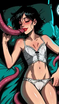 young woman a model appearance, black short cut hair, ((Insanely hot)), small perky tits, flat chest, skinny, very long legs, no makeup, red lips, ((Melkor mancin meet markgavatino style)), reiq style, ratatatat74, SamDoesArts, <lora:LCMTurboMix_Euler_A_fix:1.1>, <lora:ratatatat74-000050:1.8>, <lora:SDXLSamDoesArts:1.6>, bedroom, night, cold moon light, <lora:dark:.3>, white lingerie, lying on a bed, lying on her back, shy smile, (blush:1), eyes closed, sleeping, on her back, (tentacle:.9), (one tentacle in front of her face), (one tentacle in her mouth), (fellation:1.1), panties pulled down, pussy