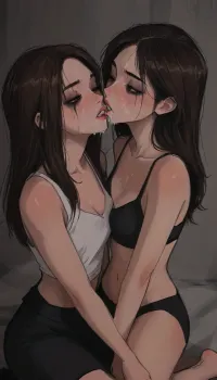 markgavatino style, masterpiece, 2girl, two women, (bedroom background), long hair, view from above, casual clothing, on knees, reluctantly kissing each other, ruined makeup, cum on face, cum leaking from mouth, cum on breasts, samdoesarts, by, ((ratatatat74)), <lora:mk_Bp Anime_xl:1.8>, <lora:samdoesarts1.1-000030:.9>, <lora:EnvyAnimeDigitalPaintingXL01:1.2>, <lora:EnvyCuteXL03:1.8>, <lora:ratatatat74-000050:2>