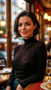 Closeup POV photo of 21 years old woman, (((young busty skinny housewife))), beautiful, fit, ((slim)), skinny, (((big tits busty))), (((very short dark brunette black bob hair slicked back))), (((black turtleneck wool sweater))), tight wasp waist, hourglass figure, red carpet photo backdrop, big sexy smile showing teeth, beautiful detailed eyes, depth blur, key visual, vibrant, highly detailed, early morning light, golden hour, in Paris France bistro restaurant cafe, on a date, at a table, glass of wine, large breasts, (((laughing))), braless, Wearing, clothes, that, make, sense, with, Braless>, but, <lora:bombshell_v2:1.6>, <lora:MJ52:2>, <lora:add-detail-xl:2>, <lora:bralessSDXL_v1_00022:1.4>, <lora:BUT_SDXL_SHS:1>