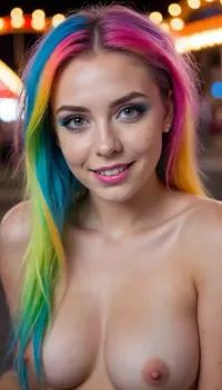 two 18 years old girls, (naked college girls, girlfriends, pride makeup, rainbow makeup, cum on face, rainbow hair:1.5), nude girls, beautyful stunning girls with cum on face, (cum on face:1.4), (pair of girlfriends, snuggling her chin on her girlfriends shoulder:1.4), (night time at the carnival, bright neon lights, night time, carnival:1.4), (neon lights reflected in her eyes pale iridescent eyes, neon lights glow on her skin:1.3), (wide toothy smirk, troublemaker grin, sly smile, spunky attitude, feisty attitude, rocker attitude, high energy, impish attitude:1.2), (bobcut hair, pixiecut hair, jaw length hair, messy hair:1.2), (zoomed out, full body portrait, photography rule of thirds), (the viewer can see the carnival over her shoulder in the background, standing in front of a merry go round, time lapse effect), (pale skin with freckles, pixie face, narrow jaw, high defined cheekbones, triangle face shape:1.2), (ultra realistic, realistic, photorealistic, photo realistic, photorealism, photo realism, lifelike, convincing realism), (maximum quality, ultra-detailed, insanely detailed, highly detailed, high quality, uncompressed, raw source photograph, raw image), (highly detailed eyes, high resolution eyes, high quality eyes, highly detailed hair), (same color eyes, symmetric eyes, matching eyes, detailed eyes, detailed iris, detailed pupils, limbal ring around iris, perfectly round iris, perfectly round pupils), (expressive eyes, striking eyes, captivating eyes, mesmerizing eyes, glittering eyes, Fae eyes), cum on face