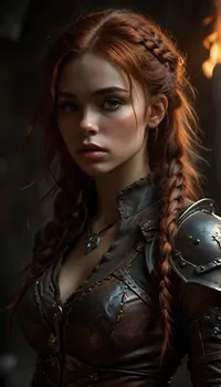 Scene Battle with dragon, Attractive viking with long red hair, Braids on the head Full body photo, long beautiful legs, Smolder. Alluring-expression. Wearing leather armor viking style with fur, Fighting with giant detailed Dragon, fire, flame, No helmet, viking castle background. digital painting, digital illustration, extreme detail, digital art, 32k, ultra hd, beautiful d&d character portrait, dark fantasy, detailed, realistic face, digital portrait, intricate armor, fiverr dnd character, wlop, stanley artgerm lau, ilya kuvshinov, artstation, octane render, hyperrealism, dynamic lighting, unreal engine, clean lines, deviantart, olga, discordia, dark, skin, dark-skinned, female, hair, over, one, eye, elf, pointy, ears, parted, lips, milkingmachine, cow, cowgirl, 4ng3l, face, <lora:DetailedEyes_V3:1.4>, <lora:dark:.4>, <lora:SDXL_BetterFaces-LoRA_v1:2>, <lora:MJ52:.8>