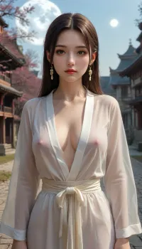 The setting of an ancient Chinese castle, midnight, bright moonlight, a huge full moon in the dark sky, a huge blooming sakura tree growing in the center of the square, a gorgeous tall geisha standing at the base of the tree, the geisha taking off her outfit, showing off her gorgeous pale smooth skin, her natural breasts slightly shifting due to their large size, erect nipples with soft pink areolas attract the viewer's gaze, the girl is dressed in a translucent white kimono, (a play of colors, different options for delicate colors of clothes), the moonlight falls on the girl illuminating her magnificent body, the girl is 21 years old, long straight hair, professional makeup, lots of foundation, bright scarlet thin lips, a small neat nose, expressive outlined eyes, high eyebrows, thick airy eyelashes, posing in front of the camera, full frame, full growth, ideal anatomy of the female body., fflix-geisha, <lora:Fflix-Geisha:1.5>