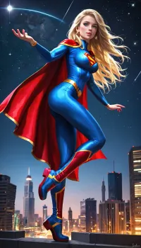Young Supergirl, slender, blonde long hair, fit, g-cup breasts, She is on the top of a skyscraper in the middle of the night, The sky is cloudless, full of stars, the city is lit up, standing on the edge of a building, (full body view), (three quarter view on side), wearing, supergirl, outfit, with, cape, <lora:SDXL1.0-LoRa_Zeitgeist-Supergirl-Outfit_by-AI_Characters-v2.0:1.6>