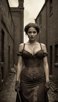 Cinematic, Brownie, distressed sepia, B&W, Victorian London, gritty, industrial revolution, coal soot covers exteriors, a prostitute wears a tattered lady's gown, smeared with coal dust, she exposes her ample breasts, a raggedy and filthy chimneysweep leers with a malicious grin
