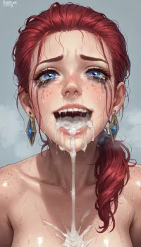 smile, breathing, freckles, nude, red hair, ponytail, blue eye, looking at me, smeared makeup, crying, runny nose, sad look, saliva dripping from mouth, fit body, big boobs, Sweaty body, smell, (steam from sweating), after deepthroat, ((mouth wide opened:1.3)), O mouth, (excessive amount of semen in mouth:1.3), fuck you