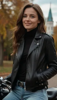 masterpiece, (best quality:1.2), Moscow, Gorky Park, 35 year old woman, Angela Jolly, smiling, (black leather biker jacket, Black baggy velvet turtleneck, light blue skinny jeans:1.4), outdoors, longest brown hair, hair pulled back in a tight ponytail, knitted hat, green eyes, in a sunny cold autumn bohemian castle park, photorealism, she is relaxing on a bench, flat chested, down vest, down jacket, sitting behind the wheel of a Harley-Davidson motorcycle, <lora:style_lora_realis:.5>, <lora:flat_chested_v3.5:.5>