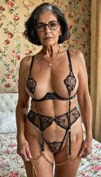74-year-old Mexican nude granny, fat, old skin, medium tits, looking in the camera. tight old ass. Old leather and wrinkles in the details. She is short, (155cm), and plump. She has small bushy hairs above her upper lip. Her asshole is slightly hairy. She have hairy old pussie, frakles body, little old belly. Extremly tan-lines skin. Dark short bob cute hair. she wears glasses on her face. Photo, (ultra detailed, high definition, 8k Wallpaper), ---- skinny, curvy gilf, wholesome grannies, granny, grandmother, saggy tits, Torpedo medium tits, Nipples, Body, Harness, Satin, nude Lingerie, dark, wrinkled, pale, dark hair, light, eyeshadow., Garterbelt, black, fabric, floral, embroidery, wearing, the, garterbelt, iron, chains, <lora:SDXLHighDetail_v6-000005:1.7>, <lora:GarterbeltXL:1.2>