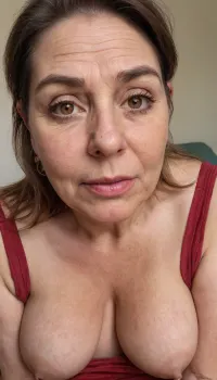 Very Fat, mature woman, gilf, 65 years old, long dark purple hair, (open mouth:1.2), downblouse, red sleeveless T-shirt, bedroom, (detailed skin texture, skin imperfections), (age-appropriate skin condition, wrinkles, wrinkled skin, wrinkled face), low angle shot, hanging, sagging, huge 4breasts, (highly detailed eyes, high resolution eyes, high quality eyes, highly detailed hair), (same color eyes, symmetric eyes, matching eyes, detailed eyes, detailed iris, detailed pupils, limbal ring around iris, perfectly round iris, perfectly round pupils), (expressive eyes, striking eyes, captivating eyes, mesmerizing eyes), red lips, with sunglasses, <lora:RealDownblouseXL2:.7>, <lora:sagging-000015:.4>