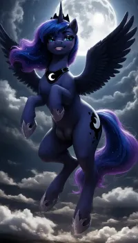 (in artstyle of Melkor Mancin), (Princess Luna), ((MILF)), (((pony))), smile, showing teeth, alicorn, long legs, raised big wings, perfect tail, (crotchboobs), painted lips, rosy cheeks, erect nipples, looking, view from below, Anfisa, horseshoes, clouds, night, deep night, full moon in the sky, flight, flying among the clouds, <lora:Anfisa_Fox_Riot-XL:1.8>, <lora:Pony_MLP_v1.8SDXL:.8>
