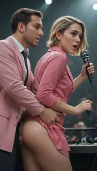 short blonde singer, ((large man fucks her from behind)), anal, sexy pink suit open, boobs showing, skirt lifted, (boobs:1.7), (holding microphone:1.4), (sweat:1), (wide eyes:.9), fucking on stage, dark rainy day, <lora:add-detail-xl:.8>