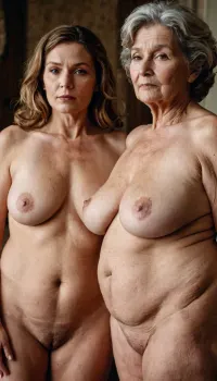 (Cinematic still, wide view, models center frame), (portrait of 2women), (1woman, short, short dark, granny, wrinkled, granny body, grandma, saggy skin, saggy boobs, wide nipples), (1woman, mature woman, short, chubby body, wide hips, long light brown hair, saggy boobs, wide nipples)
