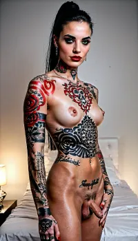 masterpiece, cosmetic procedure clinic interior, white sterile walls, medical treatment bed with disposable cover, stainless instrument tray, overhead lighting with natural falloff, operating tattoo machine, solo, ((PERSON-A_IDLOCK, distinct and exclusive identity for person-A, primary character, (30yo, adult transgender-futa with male genitalia, realistic medium-sized flaccid penis:1.3), (asymmetric small augmented breasts, enlarged darker areolae:1.2), slim athletic build, fair skin, narrow shoulders, narrow waist, toned tummy, (adult feminine-facial features, sculpted cheekbones, defined jawline, defined high nasal bridge, narrow nasal base, large cosmetically enhanced lips, deep-set teal-green eyes, smokey dark eye makeup, shaped eyebrows, long lashes, very long pure jet-black hair in sleek high ponytail:1.18), elegant proportional hands, long glossy-red nails, (continuous dark-neo-traditional-style realistic tattoo composition:1.29), black and red tattoo-ink, blended dual-ink tattoo-design, skin-embedded contour-following tattoo-design, dense floral linework, red-rose and peony linework, flowing-thorned-vine-elements linework, gothic-dragons-and-skulls linework-motifs, dark-gothic-heart motif linework-tattoo:1.24), (REGION_RIGHT_ARM_ONLY, right shoulder-to-hand continuous tattoo-composition:1.25), (REGION_LEFT_ARM_ONLY, left shoulder-to-hand continuous tattoo-composition:1.25), (REGION_RIGHT_LEG_ONLY, right-leg hip-to-ankle continuous tattoo-composition, thigh tattoo-composition, calf tattoo-composition, ankle tattoo-composition:1.25), (REGION_CHEST_ONLY, upper-chest continuous tattoo-composition:1.25), (REGION_PUBIC_ONLY, small lower-abdomen centered continuous tattoo-composition:1.25), (nude:1)), NO_BLEED