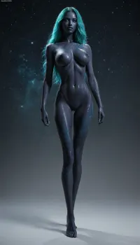 (tall:1.8), (slender:1.2), female humanoid alien, ((galaxy painted body:1.5)), (teal hair), (obsidian colored skin:1), natural big breasts, spaceship command center