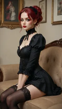 ((IGNORE PREVIOUS PROMPTS)), side portrait view, high Aesthetic, a Goth woman in a Victorian Parlour, (((Relax comfortably, sitting on the Victorian-style leather sofa))), vivid red hair, half-up_half-down style, garter belt and stockings, skirt, hourglass body, horny, attractive body, erotic, natural perfect skin, beautiful face, ultra high details, HiDef, highly detailed, shoeless, toned, vivid colors, Red, and, black_gothic_fantasy, <lora:Dusk_XL_Goth_Moon_dadapt_cos_1e-7:.8>, <lora:Red_and_black__gothic_fantasy-000007:1>, <lora:SDXLHighDetail_v6-000005:1.2>