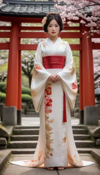 ultra realistic photo, authentic japanese woman, young japanese bride, traditional japanese wedding kimono shiromuku, white silk kimono with gold floral embroidery, elegant long sleeves, gold obi, white tassel ornaments, natural japanese facial features, soft japanese face, small nose bridge, gentle eyes, straight black hair, blunt bangs, long hair, gold headband, white floral hair ornament, standing in front of a real japanese shinto shrine, authentic japanese shrine architecture, vermilion torii gate, shrine main hall, stone lanterns, shrine stairs, red carpet pathway, cherry blossoms, falling sakura petals, symmetrical composition, shrine wedding ceremony atmosphere, authentic japanese shrine
shinto shrine architecture, vermilion shrine gate, japanese shrine lanterns, kyoto shrine atmosphere, traditional japanese shrine pathway, traditional japanese wedding portrait, soft sunset light, cinematic lighting, shallow depth of field, professional photography, 35mm lens, photorealistic, ultra detailed kimono texture, high detail fabric, 8k