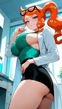 Sonia pokemon, low angle side shot, side eyeing the viewer, slight smirk, lab coat, sideboob