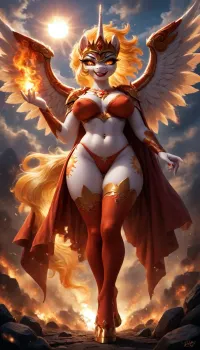 (Daybreaker), MILF, (((pony))), makeup, smile, showing teeth, alicorn, raised wings, perfect tail, red painted lips, rosy cheeks, front view, view from below, furry, anthro, hooves horse, hooves on the feet, bare breast, Anfisa, erect nipples, navel piercing, erotic fire armor, fire stockings, burning cloak, burning clouds, blood sky, blood sun, golden horseshoes, burning earth, walks on fire, (fireball in hands), <lora:Pony_MLP_v1.8SDXL:.8>, <lora:Anfisa_Fox_Riot-XL:1.9>