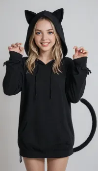 Neko girl, tail, 1girl, hood, solo, hoodie, animal hood, cat tail, claw pose, blue eyes, open mouth, hood up, animal ears, fang, looking at viewer, cat hood, smile, white background, cat ears, long sleeves, simple background, virtual youtuber, black hoodie, size d, cat girl, long hair, blush
Photograph of a young blonde woman with fair skin and blue eyes, smiling at the camera. She wears a black hooded sweatshirt with white drawstrings and black cat ears on the hood. Her long hair is straight and falls over her shoulders. She holds the hood's edge with her right hand. The background is plain white, making her the focal point. The image has a high-contrast, bright look with sharp details, emphasizing her cheerful expression and casual, playful outfit.