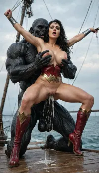 wonder woman impaled on a huge black monster cock, eyes rolled back in her head, on an old pirate ship at sea, back arched, black monster fucking wonder woman, black monster beast porn, black monster sex, sucking cocks, roughest sex, muscular pounding her, monster sucking on her boob, stretches her pussy, cock balls deep in vagina, pussy fucked by giant enormous black monster cock, monster grabbing her breasts, wonder woman stroking cock, her by other hand, pussy sex, lots of cum, cum dripping from lips and pussy, lactating, wet skin, wet hair, wonder woman tiara, long black wavy hair, wonder woman with cum on her lips, huge monster cock, massive veiny monster cock, torn clothes, large natural breasts, large natural shaped tits, sexy red thigh high stripper boots, sexy high heel red stiletto wonder woman boots, exposed pussy, topless, wonder woman worn out, <lora:detailed_notrigger:2>, <lora:LCMTurboMix_Euler_A_fix:.8>