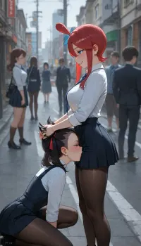 4k, highly detailed, two girls from pokemon, skyla and marnie from pokemon, Kneeling, evil smile, standing, side view, lesbian, cunnilingus, fully clothed, white collared shirt, pleated skirt, black pantyhose, tears, street, outdoor, lane, dollars, holding head, head pushing down, surrounded by male, male audience