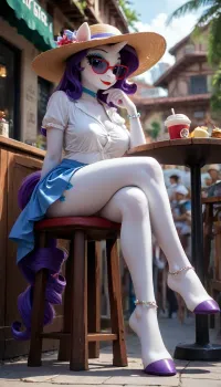 (Rarity), MILF, (((pony))), makeup, smile, perfect tail, purple hooves, rosy cheeks, red painted lips, furry, anthro, hooves horse, hooves on the feet, breast, Anfisa, erect nipples, pussy, crossed legs, sun in sky, sitting at the table, sunglasses, choker, ankle bracelet, summer fashionable hat, blouse, skirt, street cafe, view from below, side view, drinks coffee, <lora:Pony_MLP_v1.8SDXL:.8>, <lora:Anfisa_Fox_Riot-XL:1.9>
