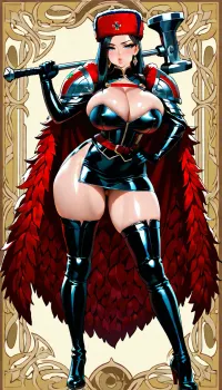 full body, (full view), female warrior, long black hair, Russian woman, russian hat, (ushanka hat), wearing armor, ornamental armor, tight top, long fur cape, shoulder armor, dark leather skirt, split skirt, dark leather thigh-high boots, earrings, fully clothed, stunning beauty, extremely beautiful face, seductive gaze, smoldering gaze, mischievous smile, has a sexy face and big bright blue eyes, doe eyes, detailed eyes, long eyelashes, thick shapely thighs, thin waist, well defined large breasts, (giant breasts), (bulging cleavage), shapely breasts, erect nipples, wide hips, large shapely detailed hips, big round ass, tight ass, shapely detailed ass, hourglass body, pretty face, pouty lips, standing, legs open, (sexy pose), solid colorful background red with an ornate border, (wielding an ornate iron hammer over her shoulder)