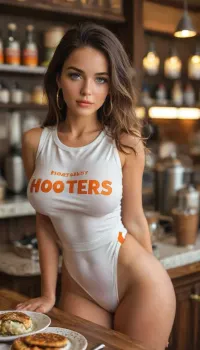 (score_9_up, score_8_up, score_7_up, score_6), Emily Feld, brunette, (extremely pointed puffy breasts:1.2), Hooters uniform, restaurant kitchen, hotplates, pots and pans, sitting on table legs open, big unshaven pussy, dark tan, coed, blushing, pink lips, glossy lips, perfect makeup, round face, multicolour hair, long eyelashes, very long hair, gold hoop earrings, small waist, wide hips, smooth body, semi side view, detailed light, extreme realism, dim lighting, detailxl, puffy, nipples, dark, wide, <lora:MJ52:.8>, <lora:Nipples XL:.8>, <lora:attractive_notrigger:.8>