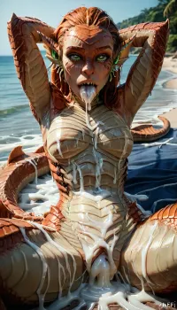 (petite sexy ginger), (sexy infected scaly alien fish woman:1.43), (scaly hybrid fish:1.43), alien, scales, (scaly body:1.5), scaly face, (dripping wet crotch), (at a beach), (solid green eyes), (fin ears), (fin on spine), looking at viewer, sex from the side, on, anthro, feral, (heart-shaped pupils:1.3), (drooling, rolling eyes, moaning), scaly, skin, armor, bodysuit, mhsafi, <lora:SDXL_Human_Male_Furry_Female:.8>, <lora:PAseer-SDXL-YamerRealistic-ScalyBodyhorror:.8>, <lora:MH_SafiJiiva_a1_3_SAXL:.8>, <lora:scifi-horror-000006:.8>, (tongue out:1.2), (cum on tongue:1.2), (hands behind head:1.3), (armpits), (thick white cum:1.3), (excessive cum:1.6)