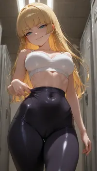 ((high detailed skin)), 8k uhd, detailed 3D render, (Pacifica Northwest from Gravity Falls:1.6), long beach blonde hair with bell-shaped bangs, dark blue eyes, (slim body with busty proportions:1.5), wearing, (tight spandex pants:1.5), and nothing else, standing in a locker room, one hand pulling the waistband down just enough to show the top of her pussy, looking at the viewer with a challenging smirk, fluorescent lighting, (Wyreframez artstyle:1.5), dynamic poses, sharp detailed linework, bold coloring, energetic composition