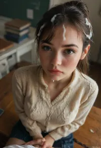 Masterpiece, hd, ultrarealistic, score_9, score_8_up, score_7_up, Pov from the side and above, looking down at a girl sitting at a desk in a classroom, side view, ((very high angle of view)), 18 years old, she's 18 but looks 14, legal age of consent, half asian, she has long straight brown hair, (tight high ponytail), (bangs), (fringe), (her hair is beautiful, clean and shiny), (her hair is covered in cum), (cum in hair:1.4), (lots of cum in her hair), cute, adorable, innocent, (young), tight fitting school uniform, soft cardigan sweater, very skinny, very petite, freckles, dark eye makeup, pink lipgloss, hands together daintily in her lap, sad, angry, girl, cum, on, face, <lora:MJ52:.8>, <lora:style_lora_realis:2>, <lora:JustCum:2>
