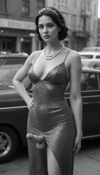 (Futanari:1.5), one dickgirl, (solo:1.4), (erect penis:1.5), 25 years old, (wide hips, hourglass figure, thick tighs:1.4), (testicles:1.3), (1920s vintage photography style), (black and white photo:1.4), a stunning shemale fatale with classic flapper-era wavy short hair, adorned with an elegant feathered headpiece, (wearing a deep V-neck sequined evening gown), (delicate pearl necklace), standing beside a classic antique automobile, (1920s cars), (very older cars), (1920 year city:1.4), (atmospheric sepia-toned film grain texture:1.4), high contrast chiaroscuro lighting, cinematic composition, moody street background, hyper-realistic detail, fashion photography aesthetic of the roaring twenties, sophisticated and provocative allure, (slit in th dress), .