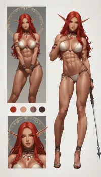 1 extreme skinny blood elf with seamless tan skin, solo, very slender, tall tall, bending forward, masturbating, beautiful muscles, abs, long skinny thighs, very hyper long torso, high breasts, freckles, (very long legs), bloodred hair with a grey streak, very long hair, deep tan skin, tribal tattoos, aroused, red eyes, art nouveau style, multiple, views, of, the, same, character, model, sheet, chatacter, <lora:araminta-amazing_people:1.5>, <lora:Model_Sheet_Xl:.8>