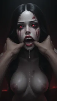 High resolution POV cartoon image of a sexy female vampire, slim body, pale white skin, extremely heavy black eye shadow, bright glowing red eyes, long straight black hair, long black sharp nails, fingers stained with lots of blood, fangs dripping blood, big blood stains around mouth, deep dark red lips, with an enormous dick deep in her throat, deepthroat, pushing head, gagging, embarrassed, ashamed, determined, bloodshot eyes, choking, puking huge amounts of cum, sticky gooey white cum, lots of white sticky gooey cum on face, face drenched in cum, strands of cum connecting mans balls to girls lips, huge amounts of cum on everything, more cum on face, cum dripping, cum on large naked tits, cum on dick, set by an old gothic lit fireplace in a black stone castle bedchamber, <lora:dark:1.2>